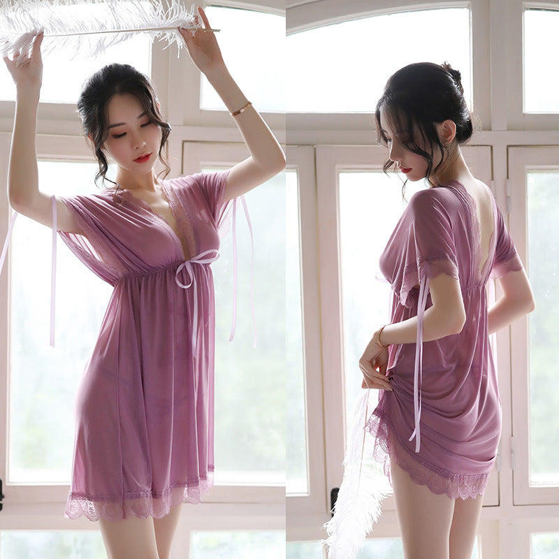 Nuisette Sexy V-Neck Woman Backless Night Wear Silk Sleepshirts Night Dress Sleepwear Nightgown Night Wear Summer Sexy Lingerie - Seprincess