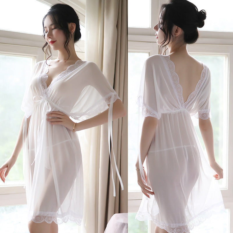 Nuisette Sexy V-Neck Woman Backless Night Wear Silk Sleepshirts Night Dress Sleepwear Nightgown Night Wear Summer Sexy Lingerie - Seprincess