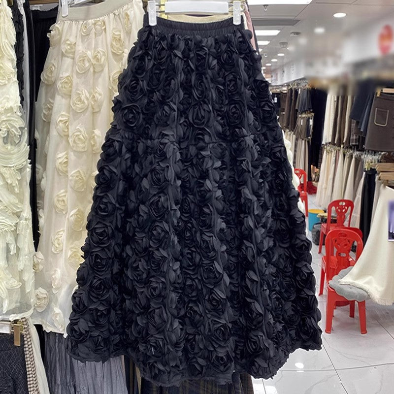 EWQ Casual Fashion 3D Flower Design All-match Loose Ball Gown Skirts High Waist Big Size Skirt Women 2024 Autumn New Tide - Seprincess