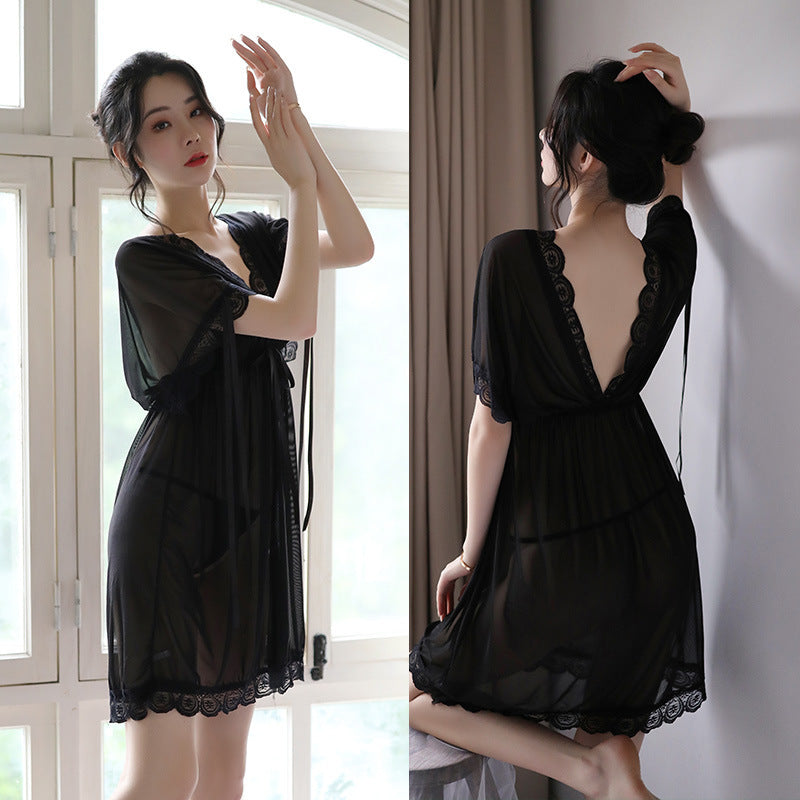 Nuisette Sexy V-Neck Woman Backless Night Wear Silk Sleepshirts Night Dress Sleepwear Nightgown Night Wear Summer Sexy Lingerie - Seprincess