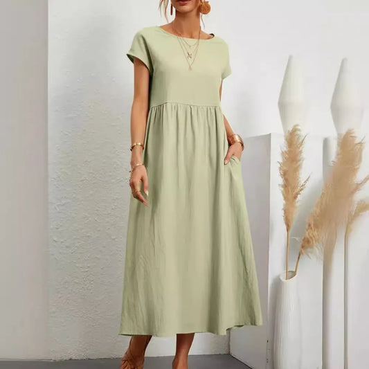 Summer Solid Maxi Dress Women Elegant Cotton Linen Short Sleeve O Neck Pockets Loose Sundress Female Harajuku Loose Long Dress - Seprincess