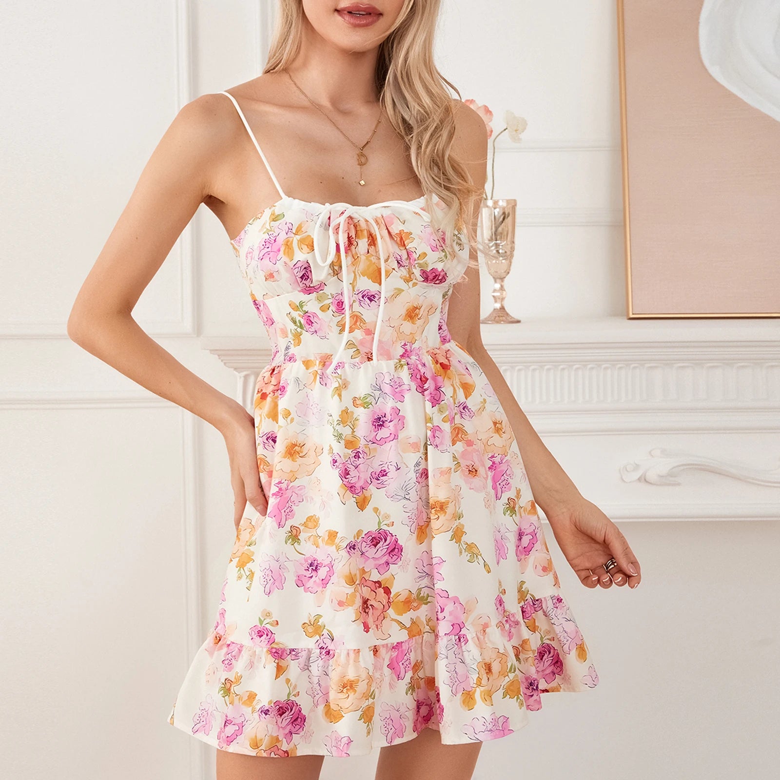 Elegant Women Summer Lace Floral Patchwork Corset Mini Dress Sleeveless Square Neck Tie-up Short Tank A-line Flowy Party Dress - Seprincess