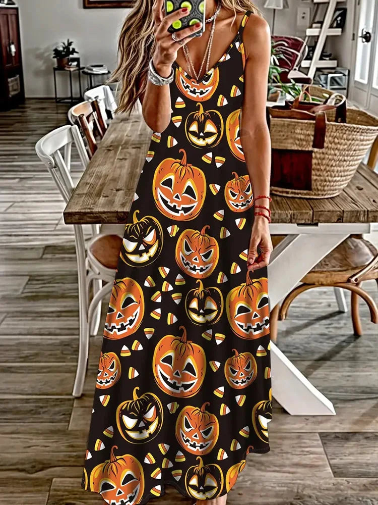 Halloween Horror Pumpkin Atmosphere Print Sexy Strap V-Neck Dress Summer Festival Party Sleeveless Dinner Long Evening Dress - Seprincess