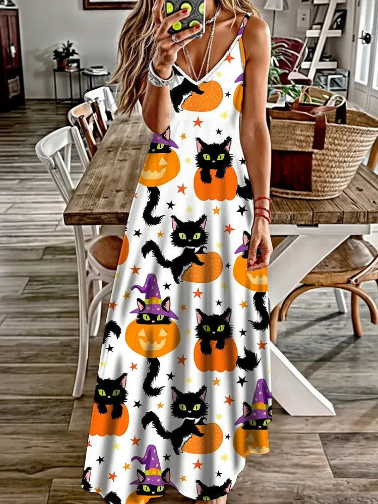 Halloween Horror Pumpkin Atmosphere Print Sexy Strap V-Neck Dress Summer Festival Party Sleeveless Dinner Long Evening Dress - Seprincess