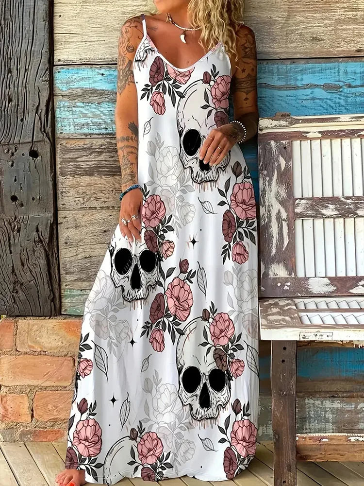 Halloween Horror Pumpkin Atmosphere Print Sexy Strap V-Neck Dress Summer Festival Party Sleeveless Dinner Long Evening Dress - Seprincess