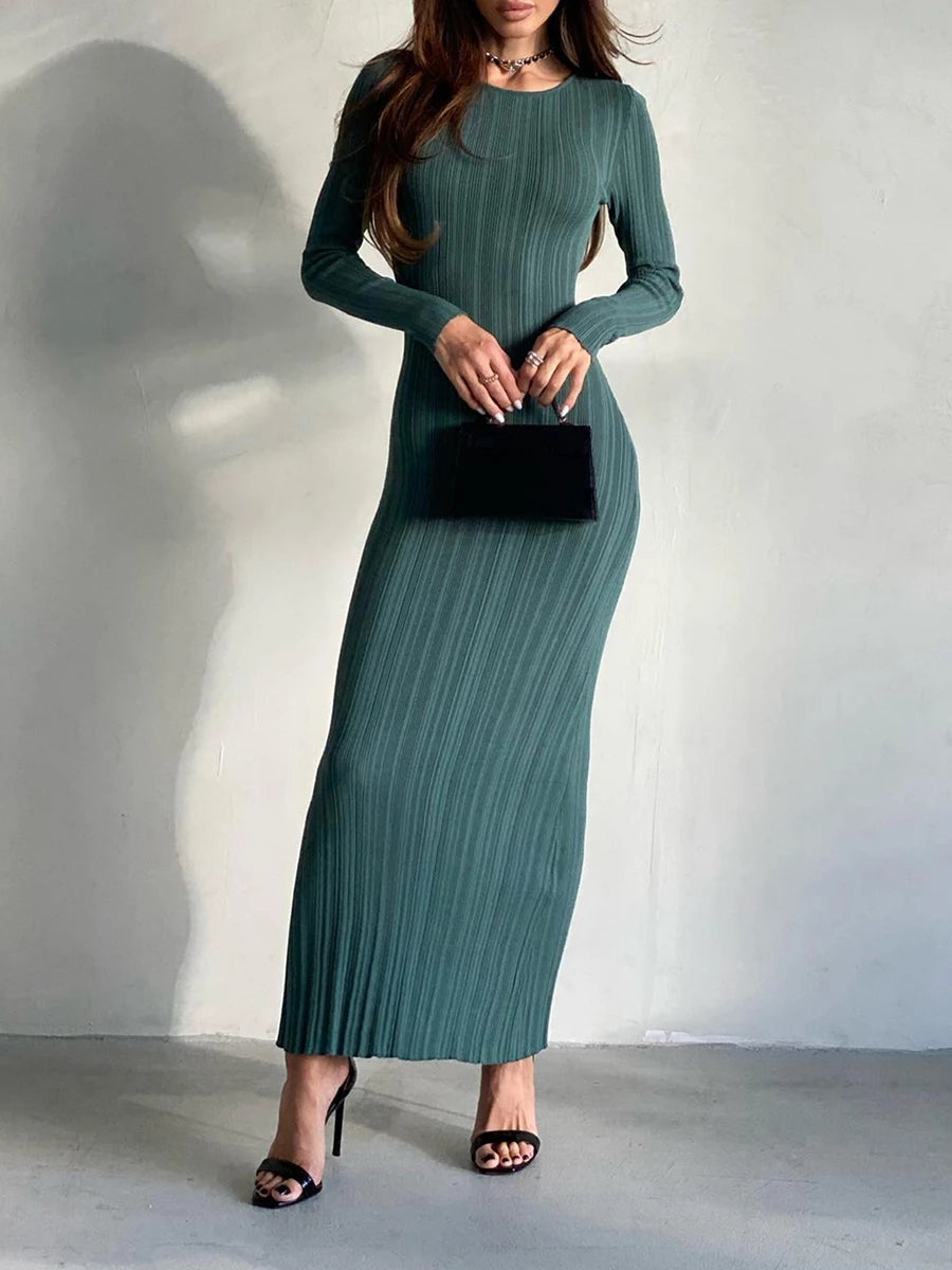 wsevypo Fall Casual Knit Ribbed Bodycon Long Dress Simple Style Solid Color Long Sleeve O Neck Wrapped Pencil Dress Street Party - Seprincess