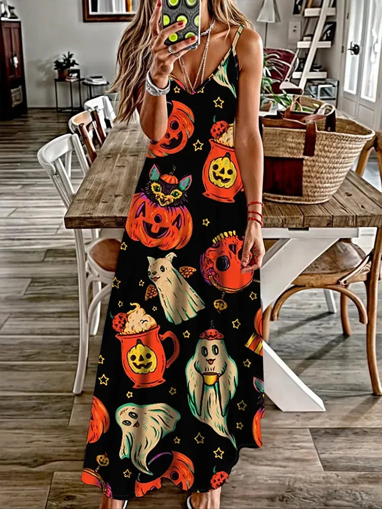 Halloween Horror Pumpkin Atmosphere Print Sexy Strap V-Neck Dress Summer Festival Party Sleeveless Dinner Long Evening Dress - Seprincess