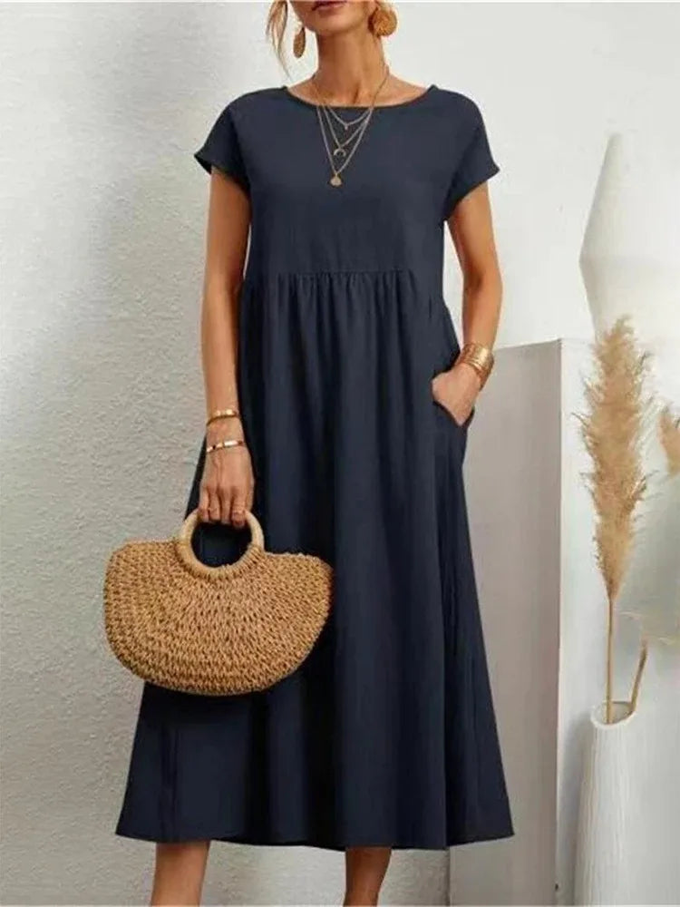 Summer Solid Maxi Dress Women Elegant Cotton Linen Short Sleeve O Neck Pockets Loose Sundress Female Harajuku Loose Long Dress - Seprincess