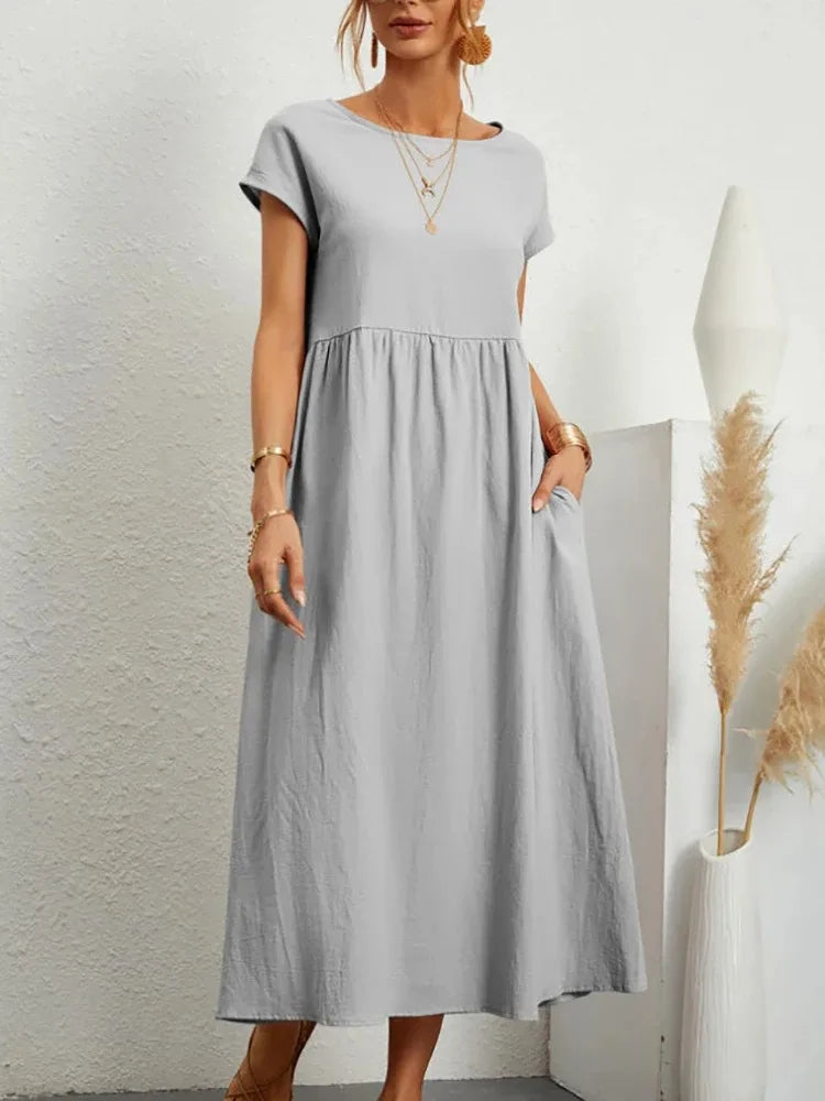 Summer Solid Maxi Dress Women Elegant Cotton Linen Short Sleeve O Neck Pockets Loose Sundress Female Harajuku Loose Long Dress - Seprincess