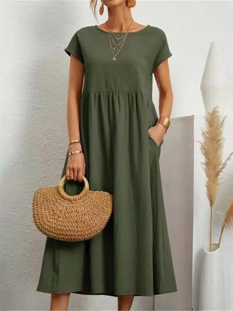 Summer Solid Maxi Dress Women Elegant Cotton Linen Short Sleeve O Neck Pockets Loose Sundress Female Harajuku Loose Long Dress - Seprincess