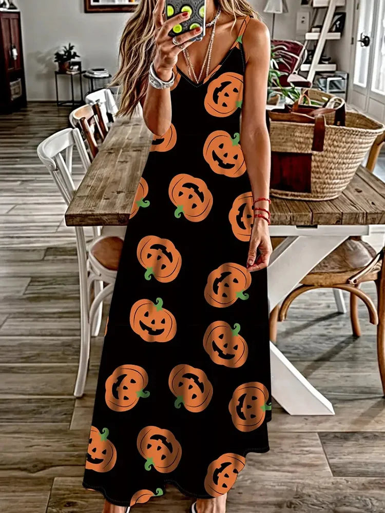 Halloween Horror Pumpkin Atmosphere Print Sexy Strap V-Neck Dress Summer Festival Party Sleeveless Dinner Long Evening Dress - Seprincess