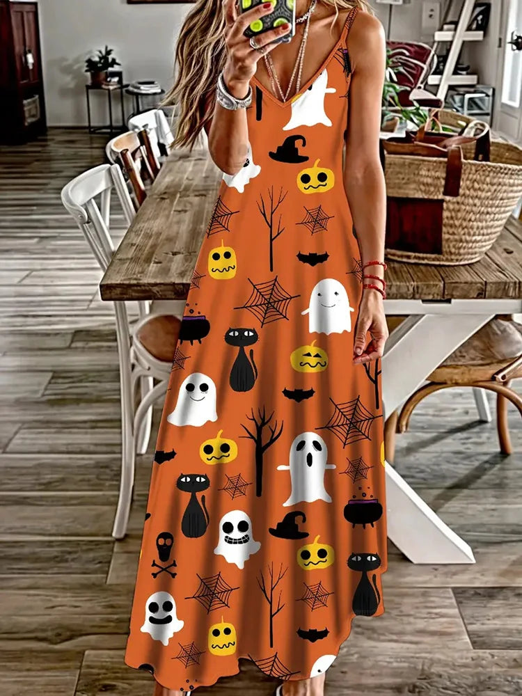 Halloween Horror Pumpkin Atmosphere Print Sexy Strap V-Neck Dress Summer Festival Party Sleeveless Dinner Long Evening Dress - Seprincess