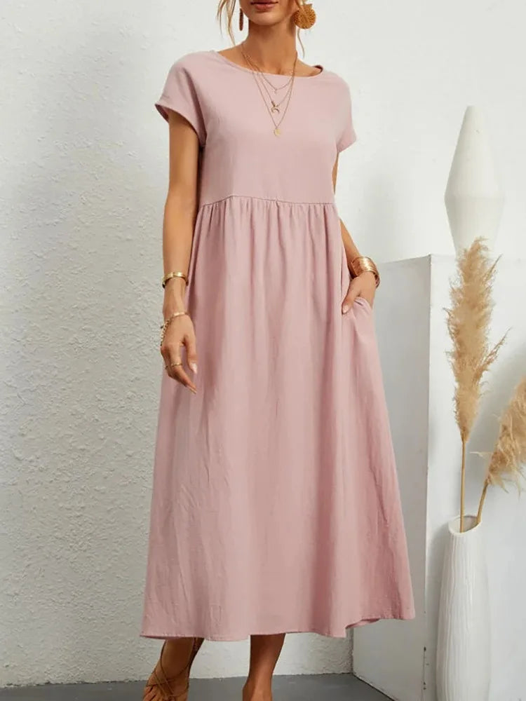 Summer Solid Maxi Dress Women Elegant Cotton Linen Short Sleeve O Neck Pockets Loose Sundress Female Harajuku Loose Long Dress - Seprincess