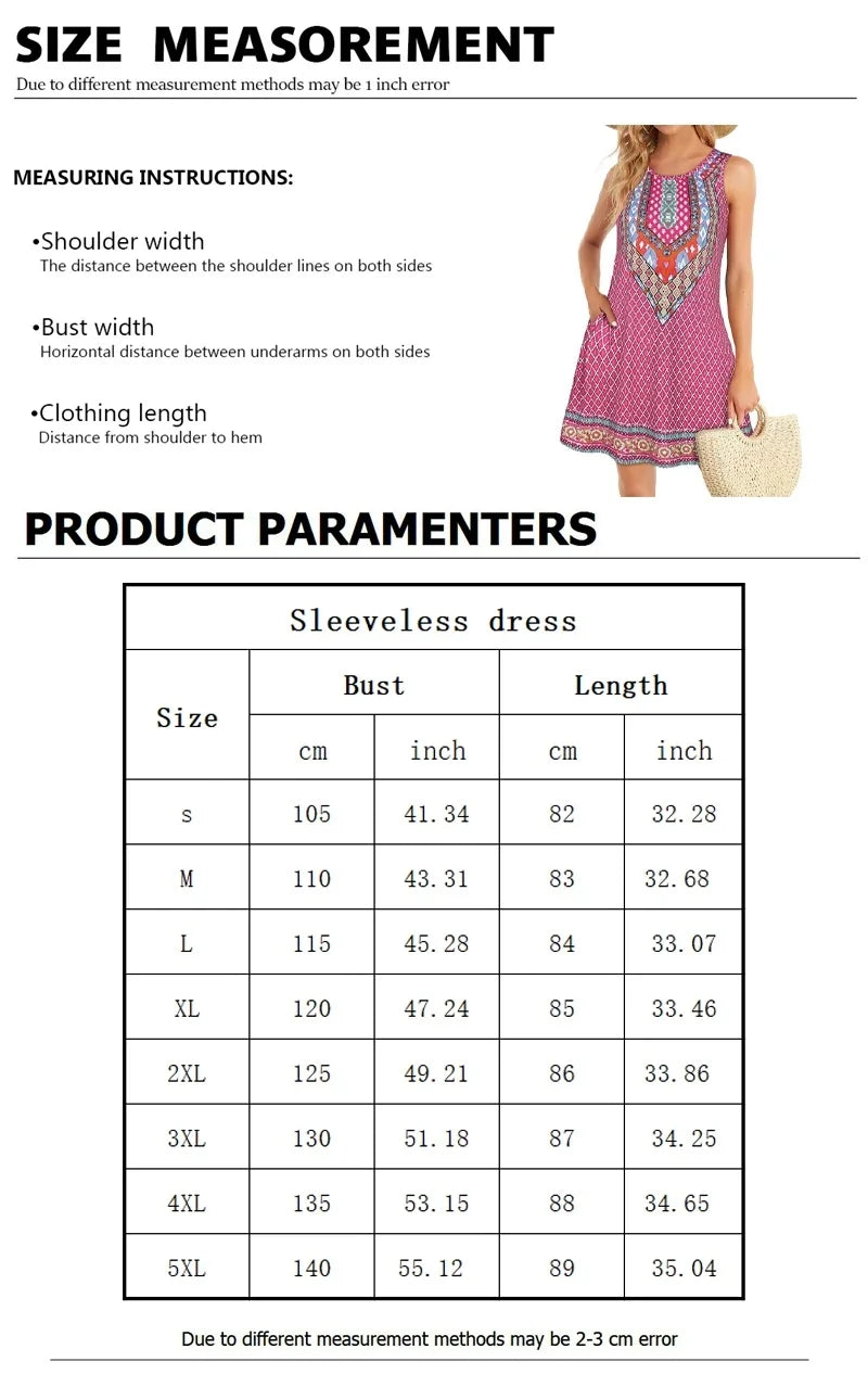 Summer S-5XL Women's Pocket Vest Mini Dress Bohemian Style Beach Vacation Casual Fashion Loose Sleeveless Vest Knee-length Dress - Seprincess