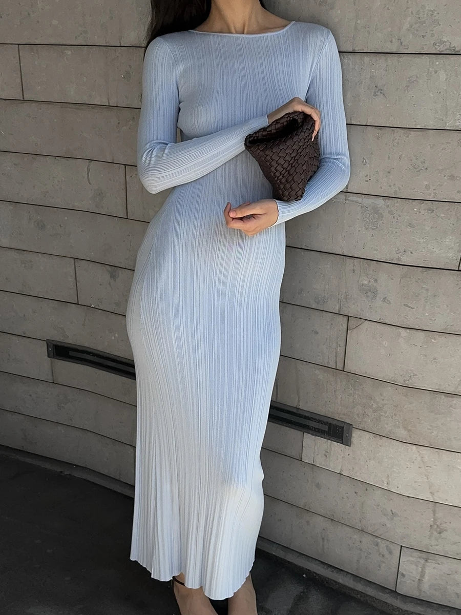 wsevypo Fall Casual Knit Ribbed Bodycon Long Dress Simple Style Solid Color Long Sleeve O Neck Wrapped Pencil Dress Street Party - Seprincess