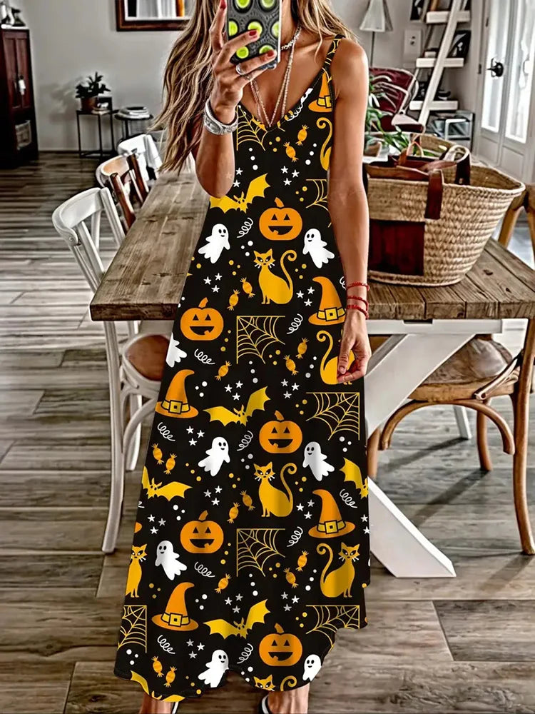 Halloween Horror Pumpkin Atmosphere Print Sexy Strap V-Neck Dress Summer Festival Party Sleeveless Dinner Long Evening Dress - Seprincess