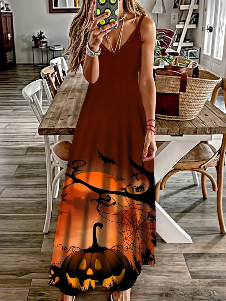 Halloween Horror Pumpkin Atmosphere Print Sexy Strap V-Neck Dress Summer Festival Party Sleeveless Dinner Long Evening Dress - Seprincess