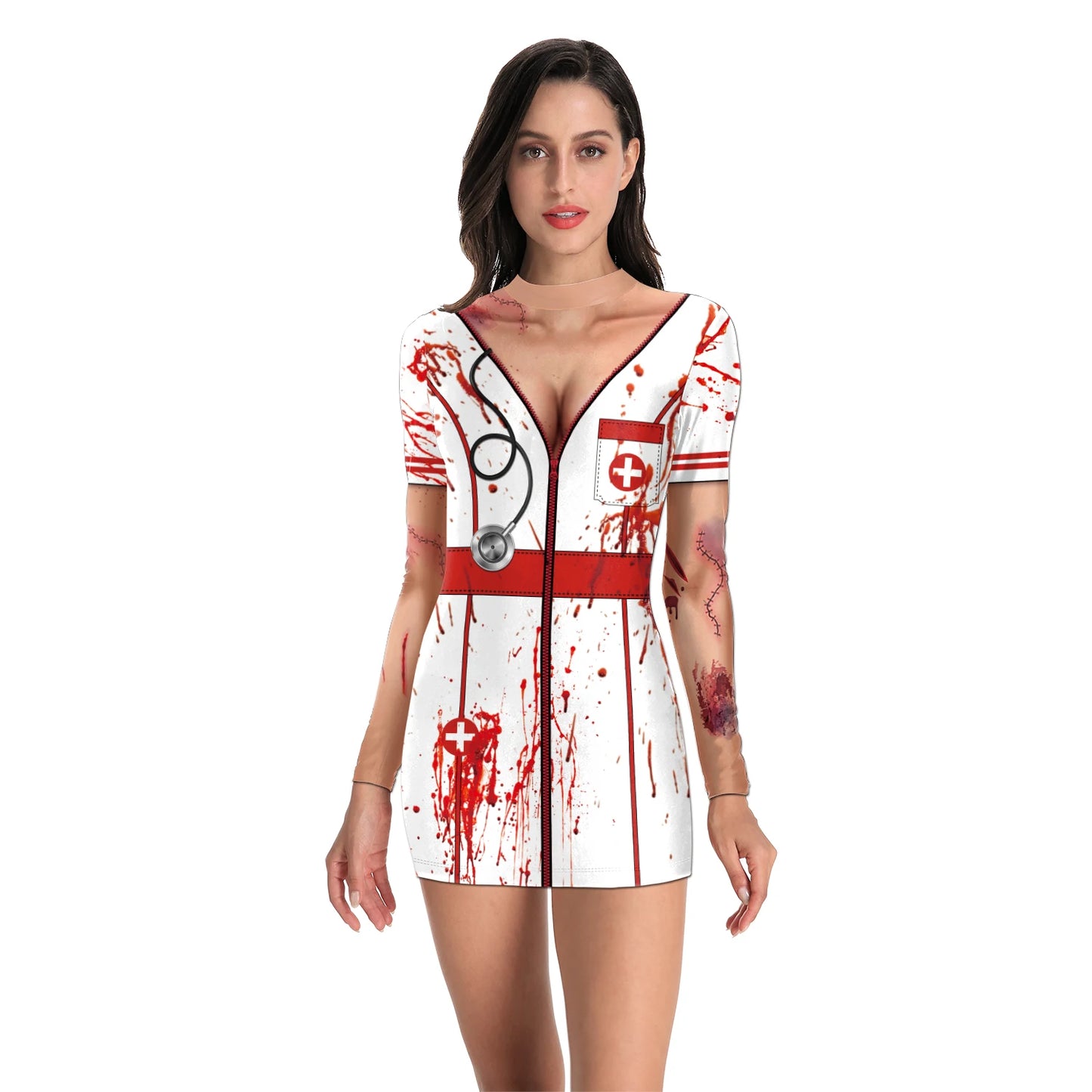 [You're My Secret] Women Cosplay Doctor Uniform Halloween Dress Slim Long Sleeve Scary Sexy Print Female Dress Streetwear Female - Seprincess