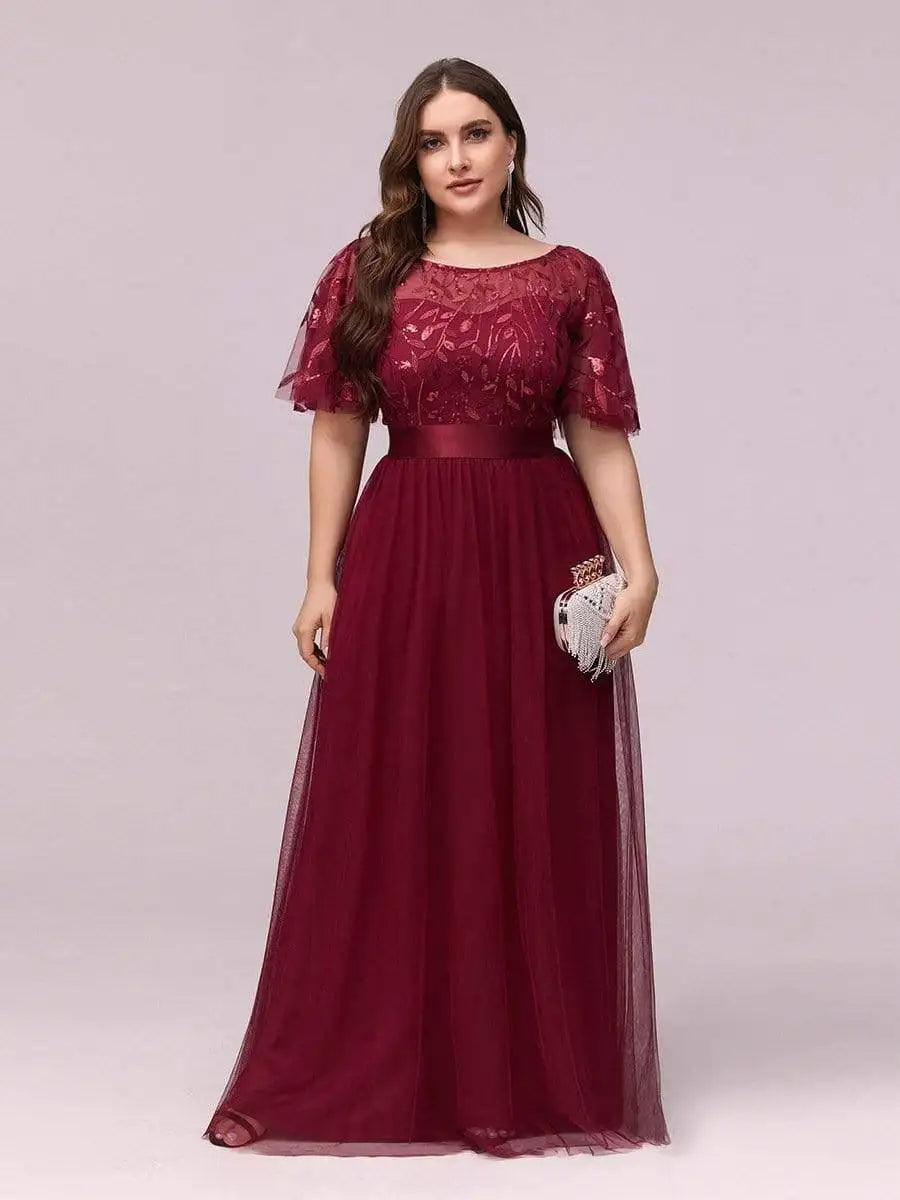 2023 NEW Plus Size Dress  Robe De Soiree Sparkle Evening Dresses Long A-Line O-Neck Short Sleeve LONG Formal Dresses - Seprincess