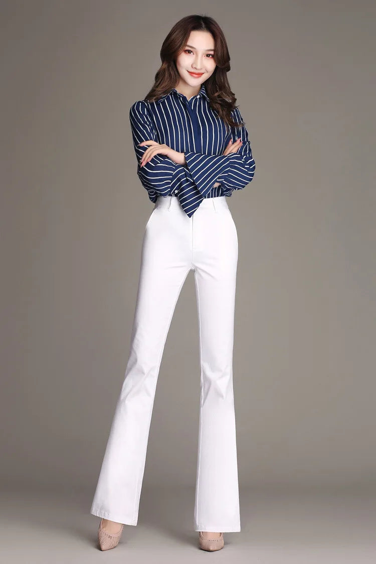 YUEY New Womens Spring Summer Trousers  Thin 100% Cotton Flared Pants Solid Color Casual Stretch S To 4XL Dropshiping