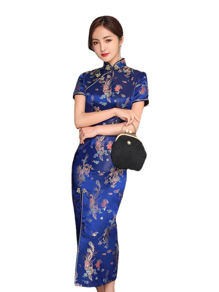 Sexy New Brocade Satin Long Fork Cheongsam Chinese Classic Women's Qipao Elegant Short Sleeve Novelty Wedding Evening Dress 4XL - Seprincess