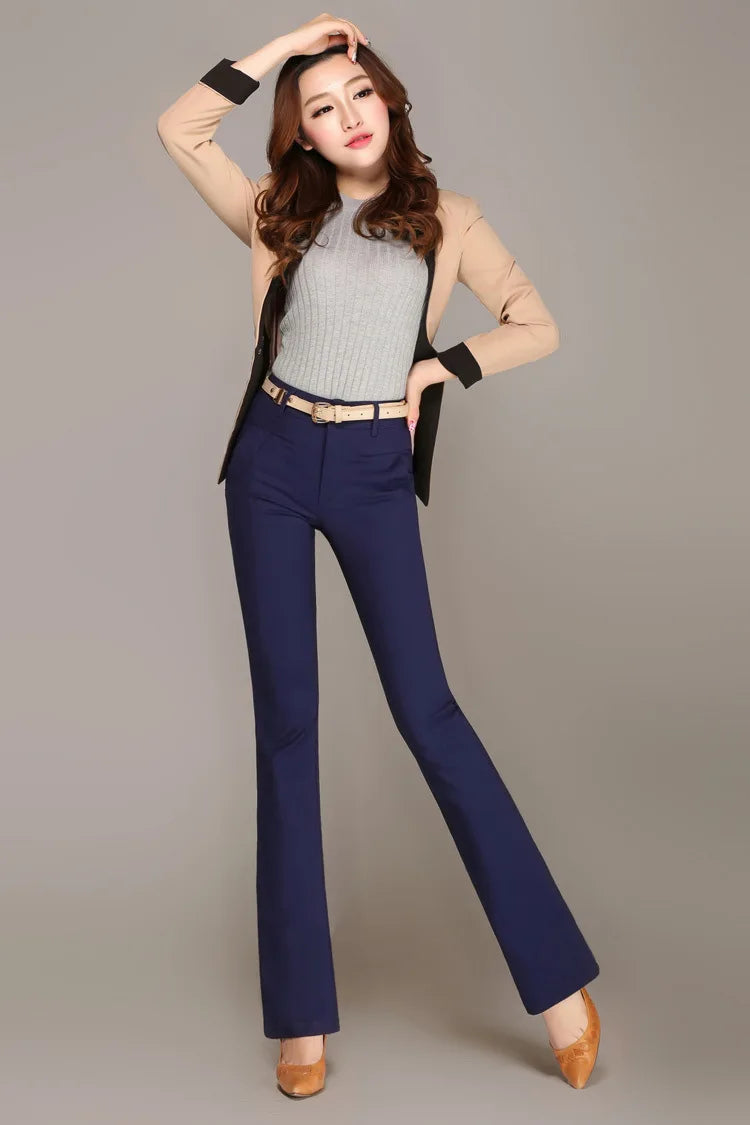 Women's Slimming Spring Summer Cotton Flare Pants Thin Stretch Casual Solid Color White Khaki Medium Waist Office OL Trousers S