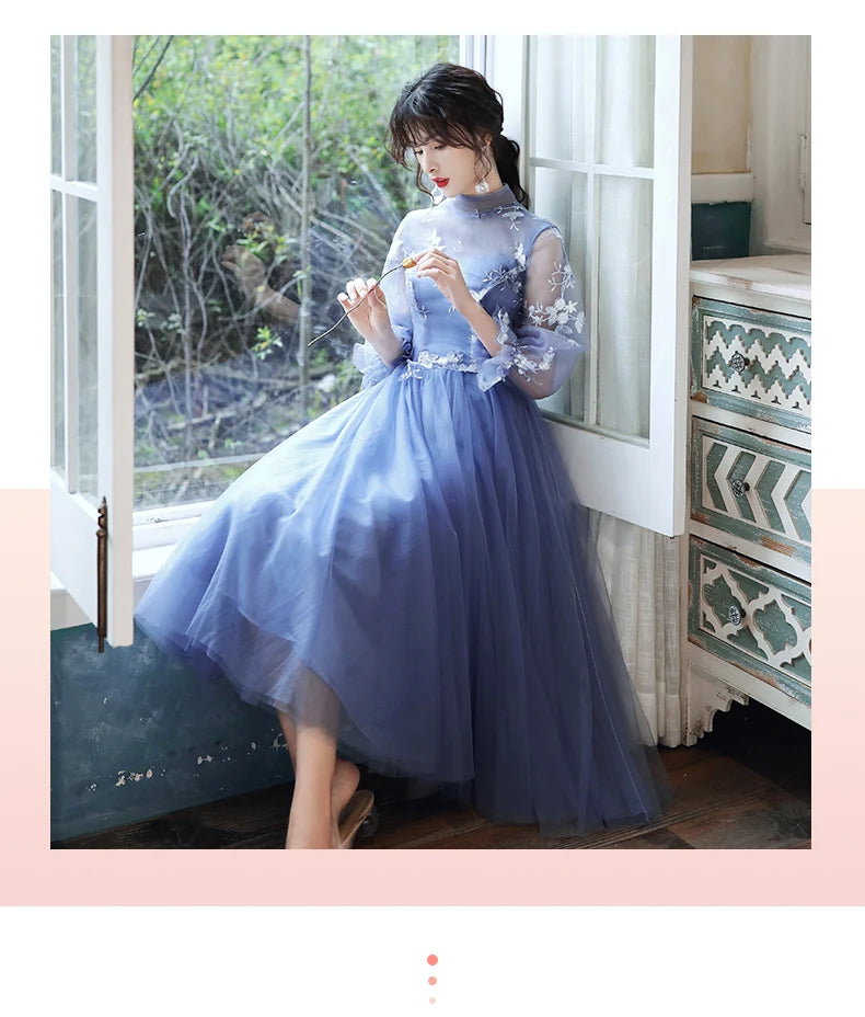 Sweet Memory 2025 Women Blue Bridesmaid Dresses Tea Length Appliques Lace Flowers Mismatched With Sleeves Wedding Party Dress