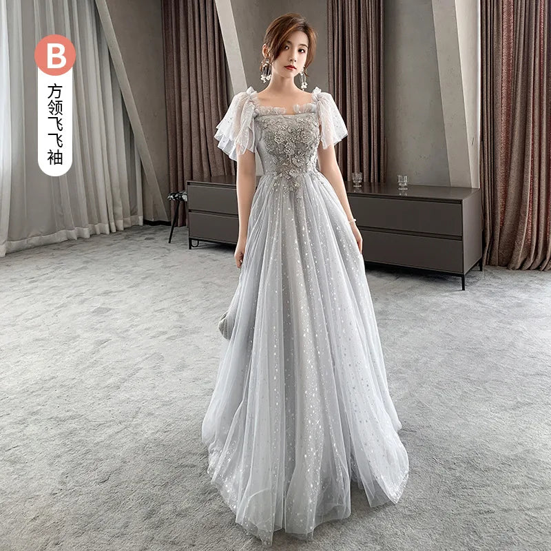 Temperament Bridesmaid Dress Lantern Sleeve Evening Party Dress Fairy Stage Show Dress Elegant Banquet Dress A-line Maxi Dress - Seprincess