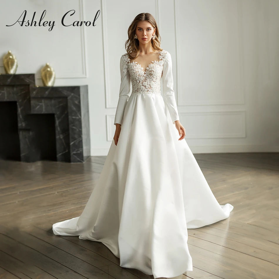 Ashley Carol Long Sleeve Wedding Dresses For Women 2024 Satin Beading Button Princess Sexy A-Line Wedding Gown Vestidos De Novia - Seprincess