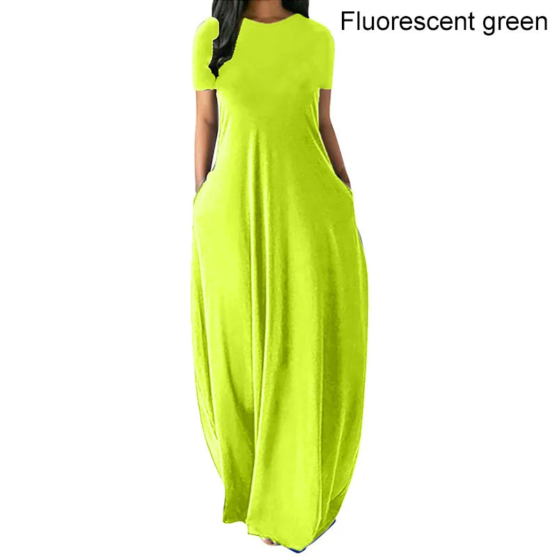 Women Oversize Casual Solid O-Neck Pockets Long Dress Summer Dress Female Plus Size Short Sleeve High Waist Maxi Dresses - Seprincess