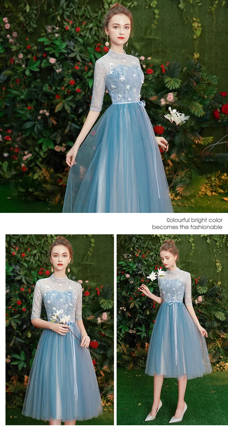 Gray Blue Bridesmaid Dresses For Women Elegant Half Sleeve Wedding Guest Dress Tulle Tea-Length Girl Vestido De Festa - Seprincess