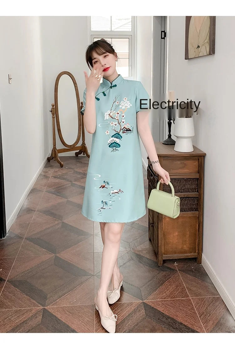 Plus Size M-4XL 2021 New Blue Loose Fashion Modern Cheongsam Dress Women Short Sleeve Qipao Traditional Chinese Style Clothes - Seprincess