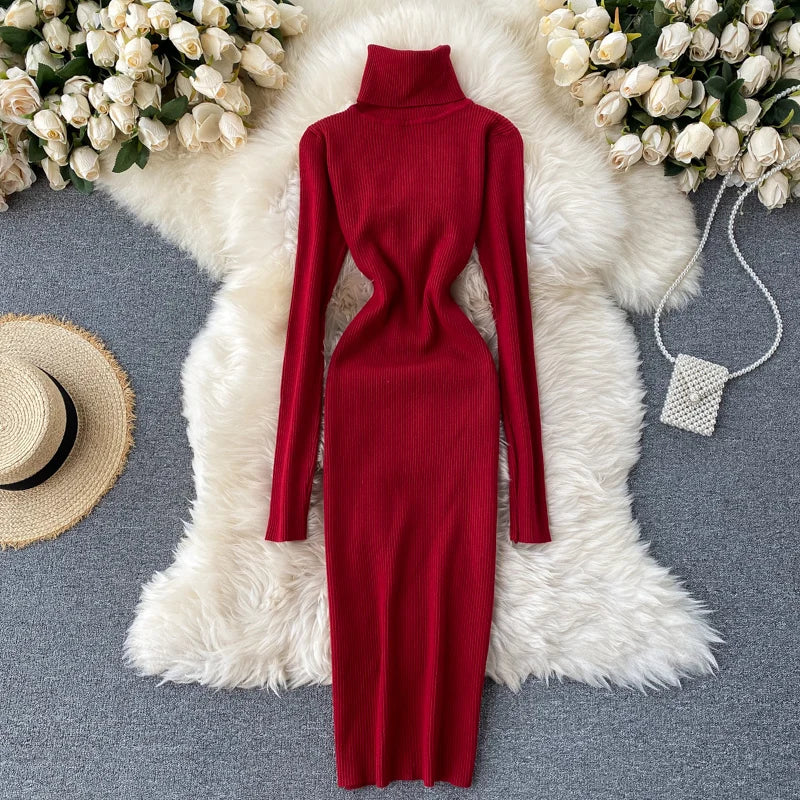 Dresses for Women 2022 Sexy Turtleneck Knitted Bodycon Dress Women Autumn Winter Long Sleeve Sweater Dress - Seprincess