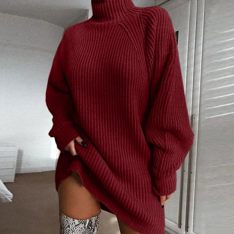 Women Turtleneck Sweater Dress Autumn Solid Long Sleeve Casual Elegant Mini Oversized Knitted Dress Winter Clothes - Seprincess