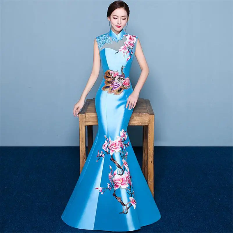 Oriental Evening Dress Chinese Style Fashion Peacock Embroidery Qipao Sexy Long Mermaid Cheongsams Vestidos S-XXL - Seprincess