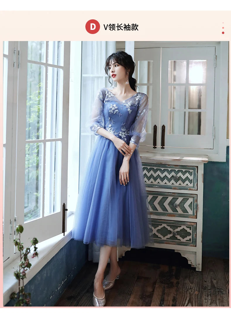 Sweet Memory 2025 Women Blue Bridesmaid Dresses Tea Length Appliques Lace Flowers Mismatched With Sleeves Wedding Party Dress