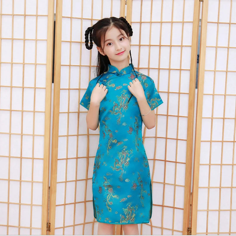 Lovely Girls Silky Satin cheongsam Dress Cute Princess Girls Dresses Kids Party Ball Gown Dress New Year cheongsam Clothing - Seprincess