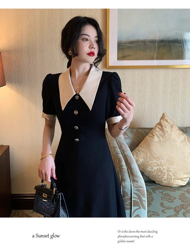 Short Sleeve Dresses Women Fashion Casual Harajuku Design French Vintage BF Hepburn Tender Slim Button Breathable All-match Fit - Seprincess