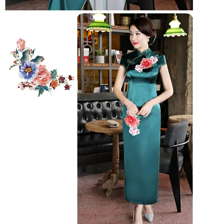 Classical Women Long Show Satin Chinese Dress Elegant Slim Embroidery Flower Qipao Cheongsam Retro Mandarin Collar Evening Gown - Seprincess