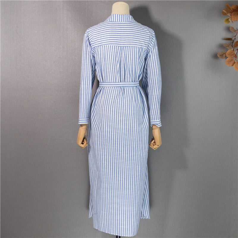 Colorfaith DR2268 2023 New Striped Lace Up Cotton and Linen Shirt Dress Spring Summer Women Korean Fashion Chic Long Dresses - Seprincess