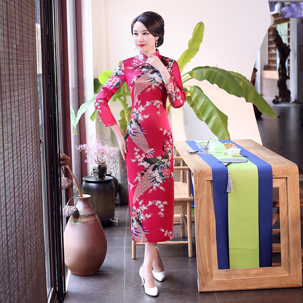 Women Chinese Traditional Dress Peacock Flower Print Long Split Bodycon Dress Cheongsam Stage Show Midi Slim Women Dress - Seprincess