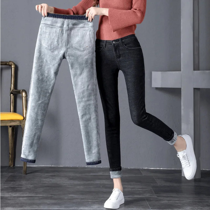 Women Ladies High Waist Fleece Lined Jeans Winter Solid Color Keep Warm Casual Wild Slim Stretch Pants Trousers with Pockets