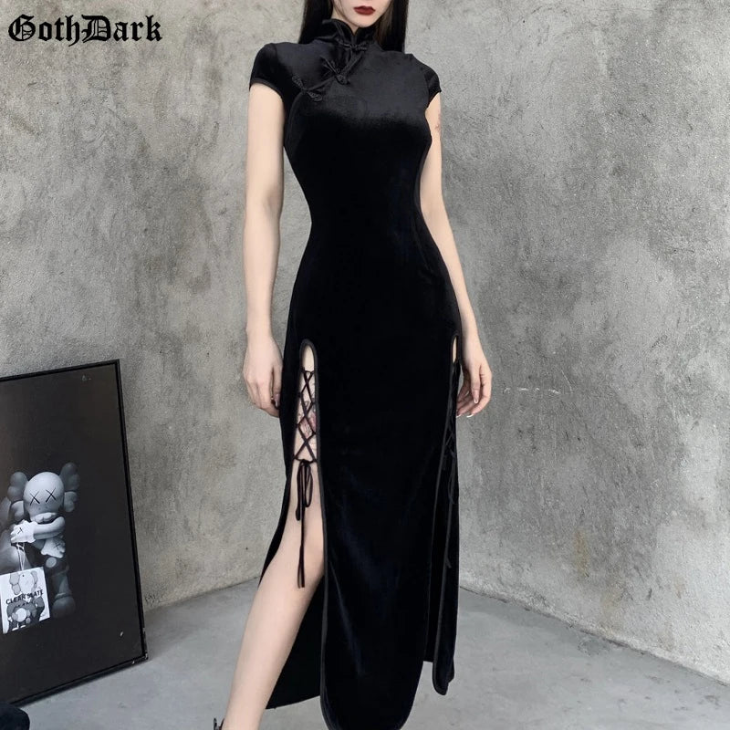 Goth Dark Romantic Gothic Velvet Aesthetic Dresses Vintage Women Black Bandage SlitHem Bodycon Dress Sexy Evening Wear Cheongsam