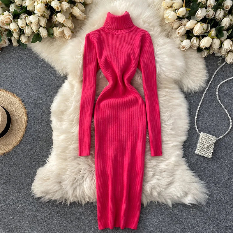 Dresses for Women 2022 Sexy Turtleneck Knitted Bodycon Dress Women Autumn Winter Long Sleeve Sweater Dress - Seprincess