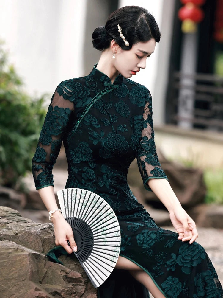 Chinese Style Women's Traditional Dress Retro Old Shanghai Style Long Cheongsam with 3/4 Sleeve Lace Summer Dress - Seprincess