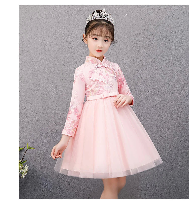 Cute Flower Girls Dresses Kids Chinese Embroidery Lace Cheongsam Dress Baby Girls Elegant Traditional Chinese New Year Dress - Seprincess