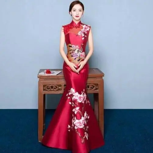 Mermaid Tail Asian style Short Sleeve Fashion Red Embroidery Bride Wedding Qipao Long Cheongsam Chinese Traditional Dress Retro - Seprincess