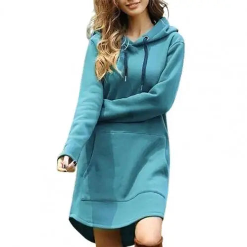 Hooded Hoodie Women Dresses 2021 Autumn Winter Solid Color Drawstring Large Pocket Irregular Hem Hooded Dress - Seprincess