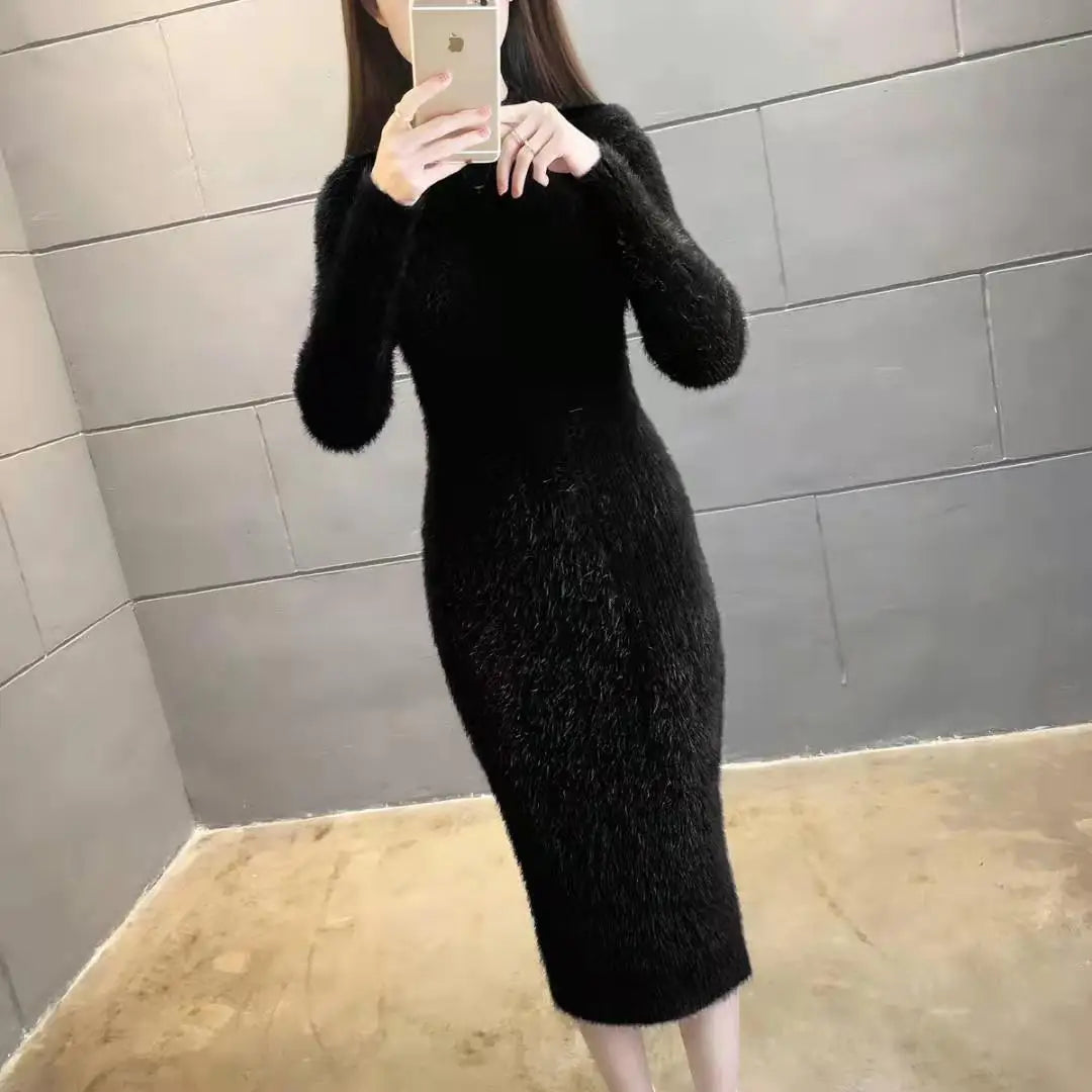 Women's Winter Clothing 2024 Imitation Mink Wool Thick Warm Turtleneck Sweater Dress Sheath Bodycon Dresses For Women Casual - Seprincess