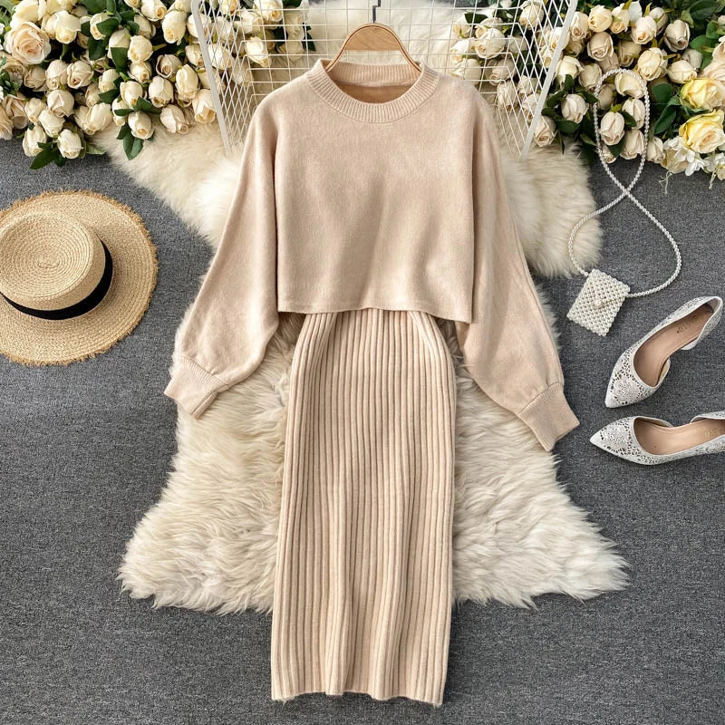 autumn Korean style clothes Two piece dress set Winter fall 2024 fashion women clothing new knitted knit long sleeves sweaters - Seprincess